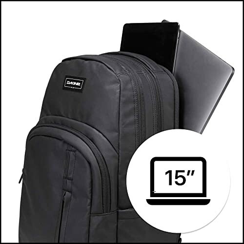 Black backpack with laptop compartment and 15-inch laptop icon.