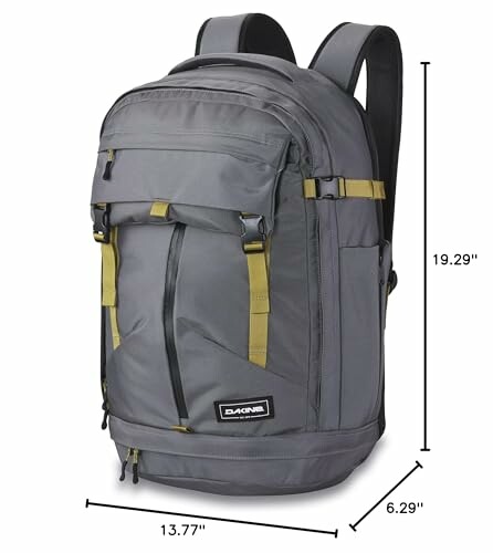 Gray backpack with yellow straps and dimensions shown.