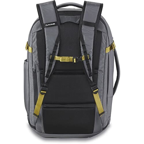 Back view of a gray backpack with yellow straps.