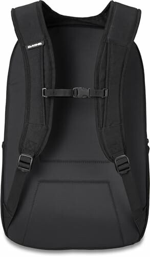 Back view of a black backpack with shoulder straps and buckle.