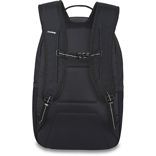 Back view of a black backpack with padded straps and buckles