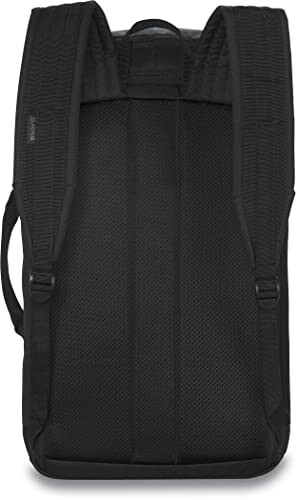 Back view of a black backpack with padded straps.