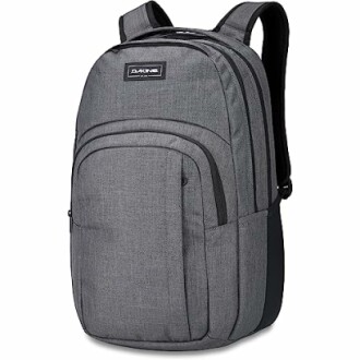 Gray backpack with multiple compartments.