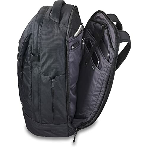 Open black backpack with multiple compartments