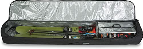 Open ski bag with skis, poles, and gear